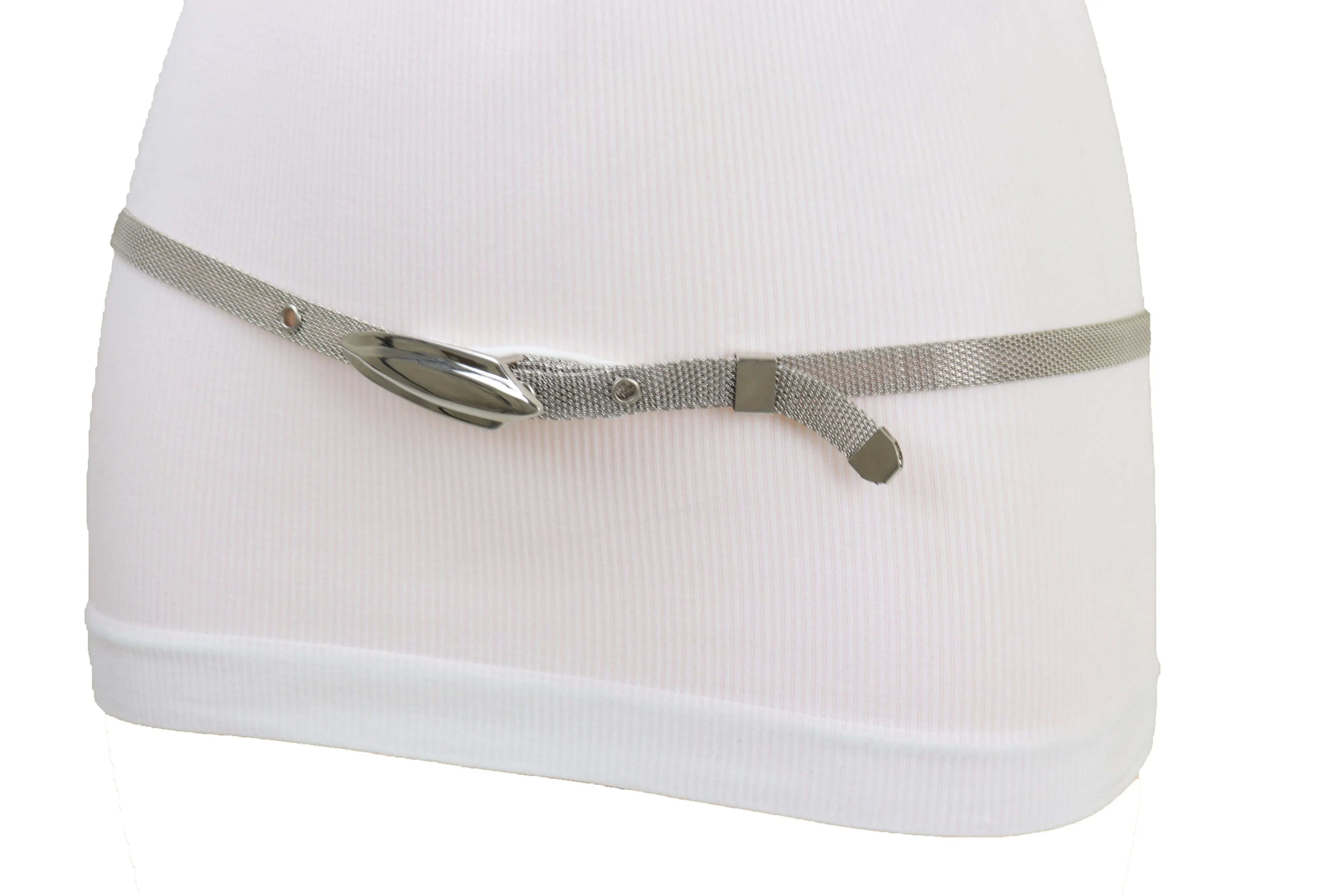 Women Silver Mesh Metal Ultra Skinny Belt Long Buckle Size S