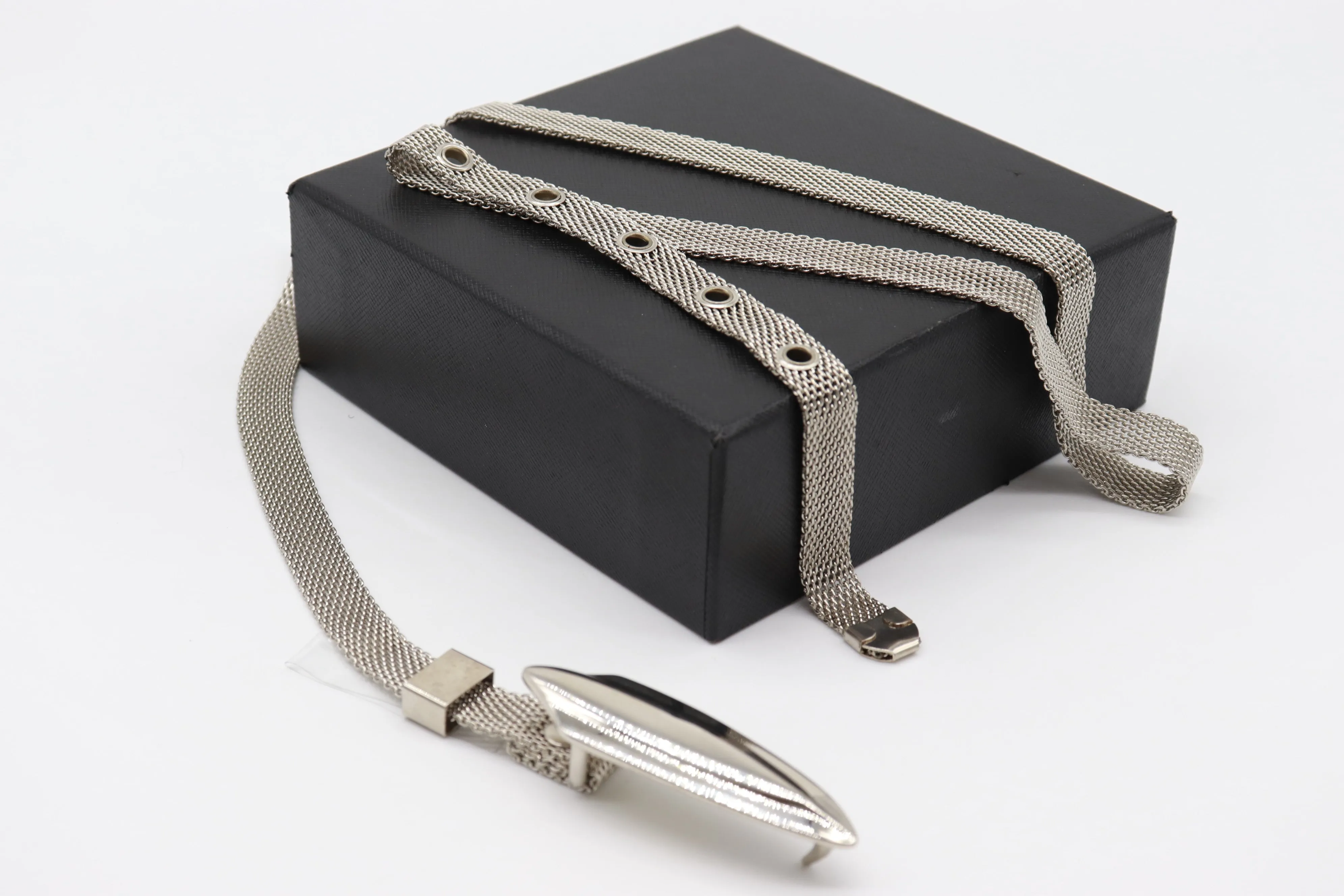 Women Silver Mesh Metal Ultra Skinny Belt Long Buckle Size S