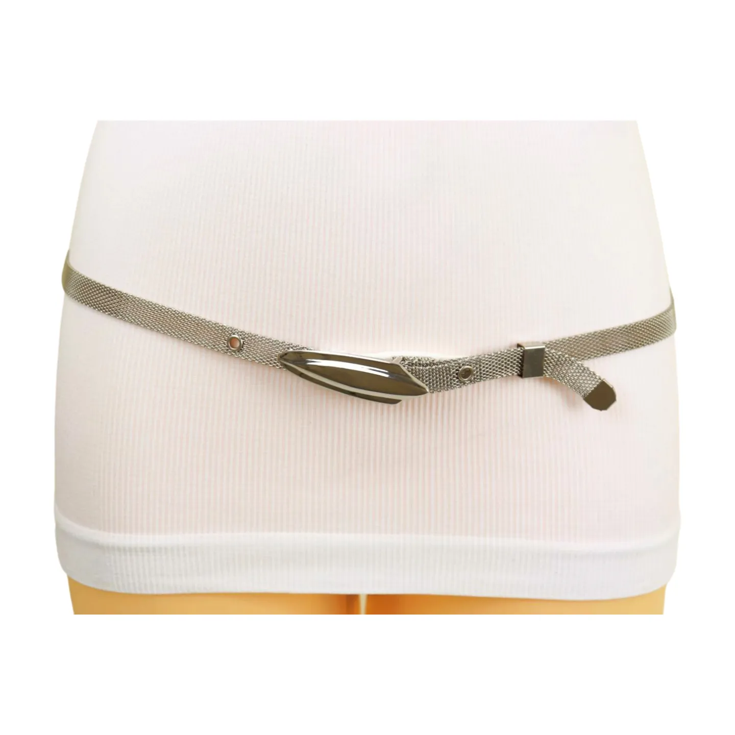 Women Silver Mesh Metal Ultra Skinny Belt Long Buckle Size S