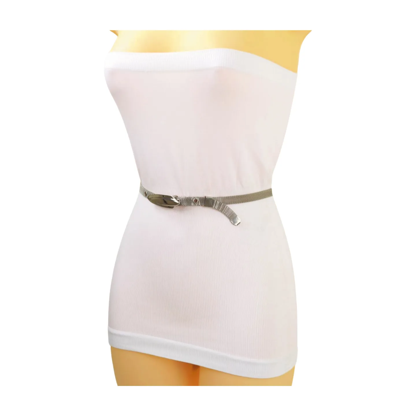 Women Silver Mesh Metal Ultra Skinny Belt Long Buckle Size S