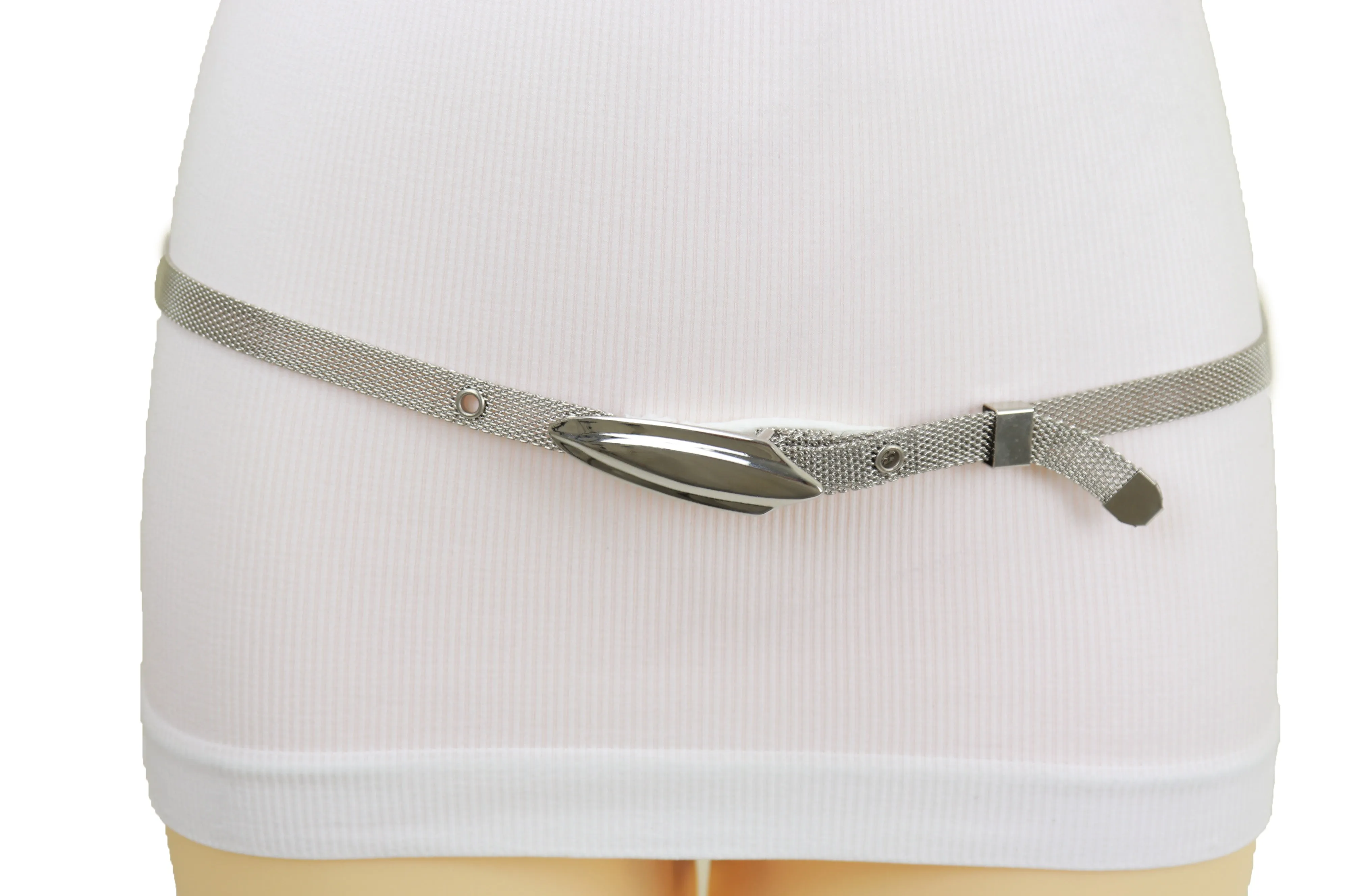 Women Silver Mesh Metal Ultra Skinny Belt Long Buckle Size S