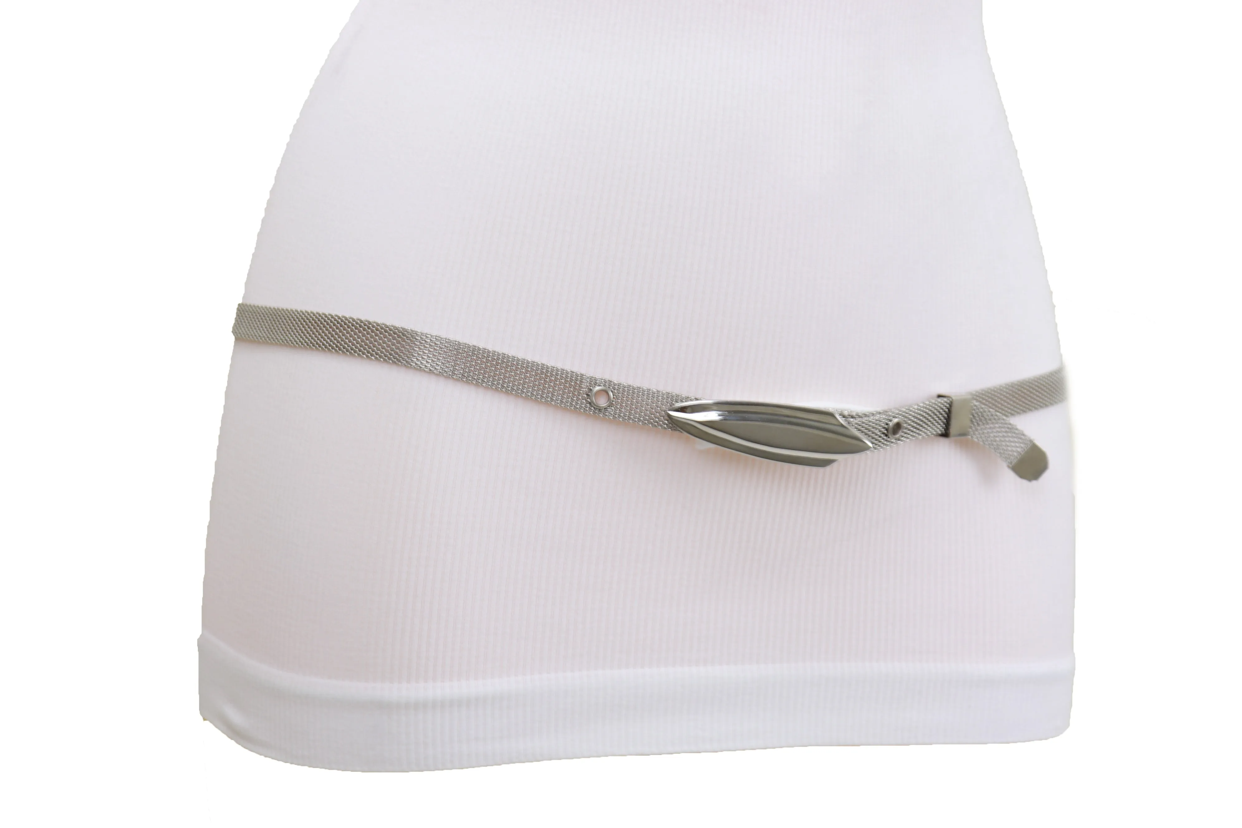 Women Silver Mesh Metal Ultra Skinny Belt Long Buckle Size S