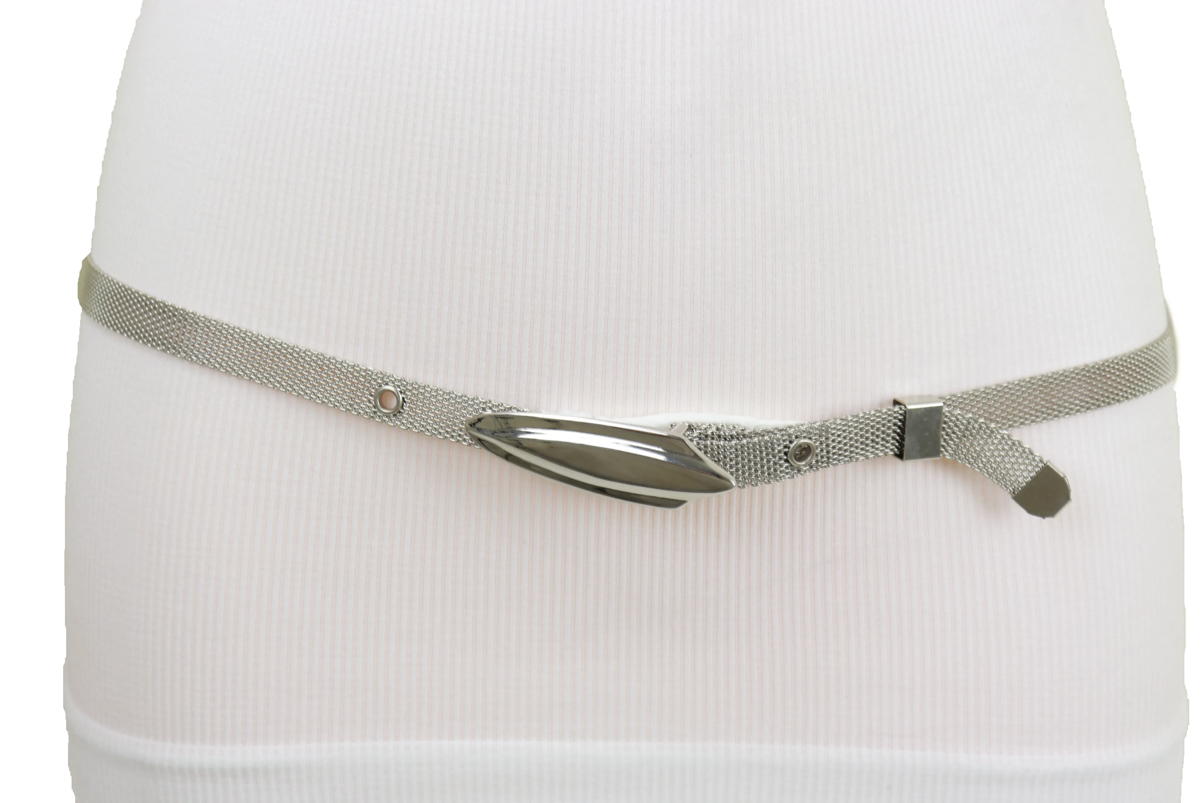 Women Silver Mesh Metal Ultra Skinny Belt Long Buckle Size S