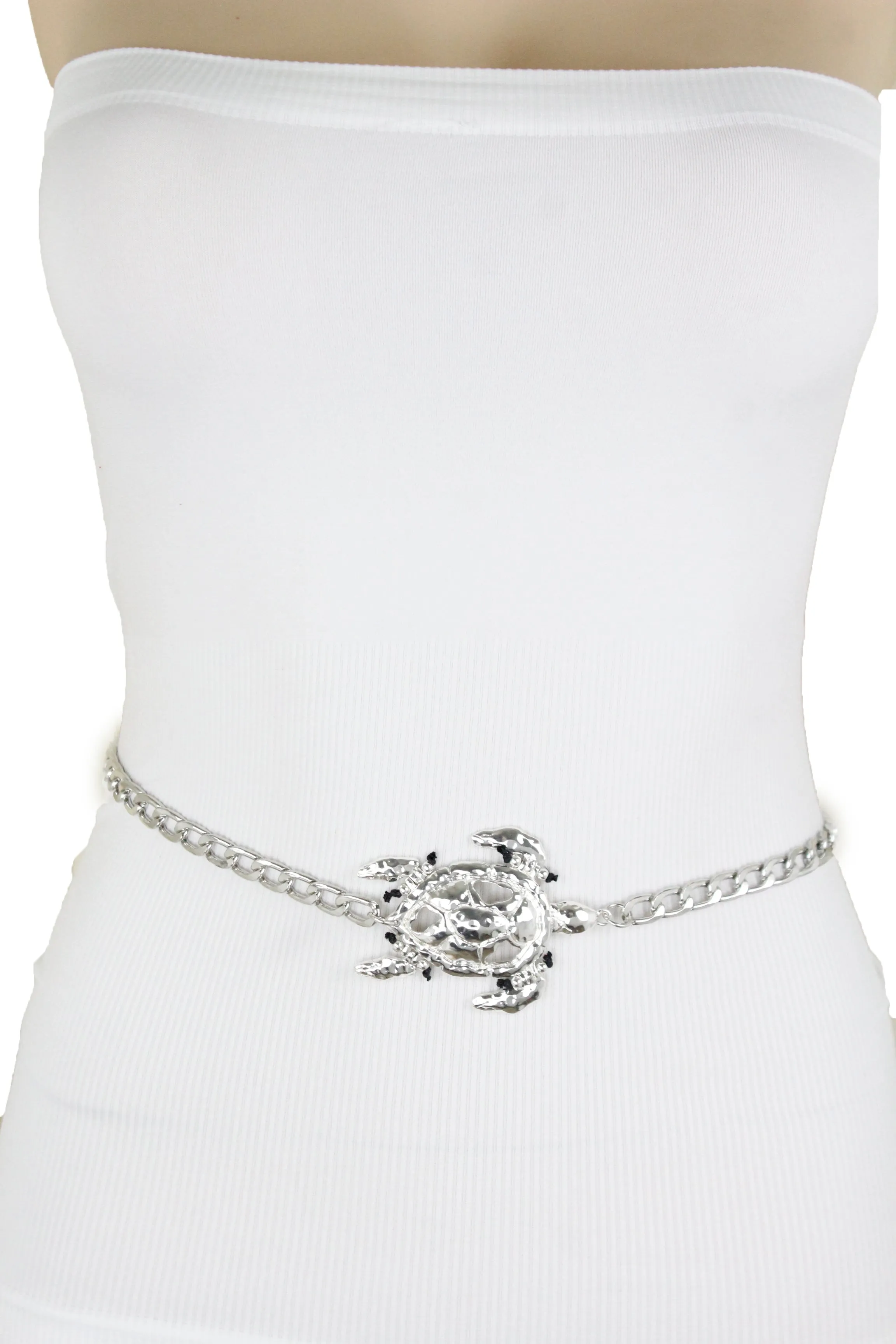 Women Silver Metal Chain Link Skinny Bling Turtle Buckle Fashion Belt