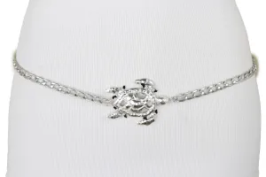 Women Silver Metal Chain Link Skinny Bling Turtle Buckle Fashion Belt