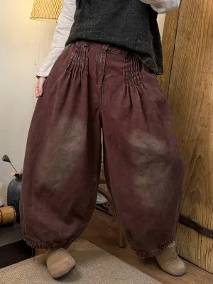 Women Spring Casual Denim Shirred Harem Pants