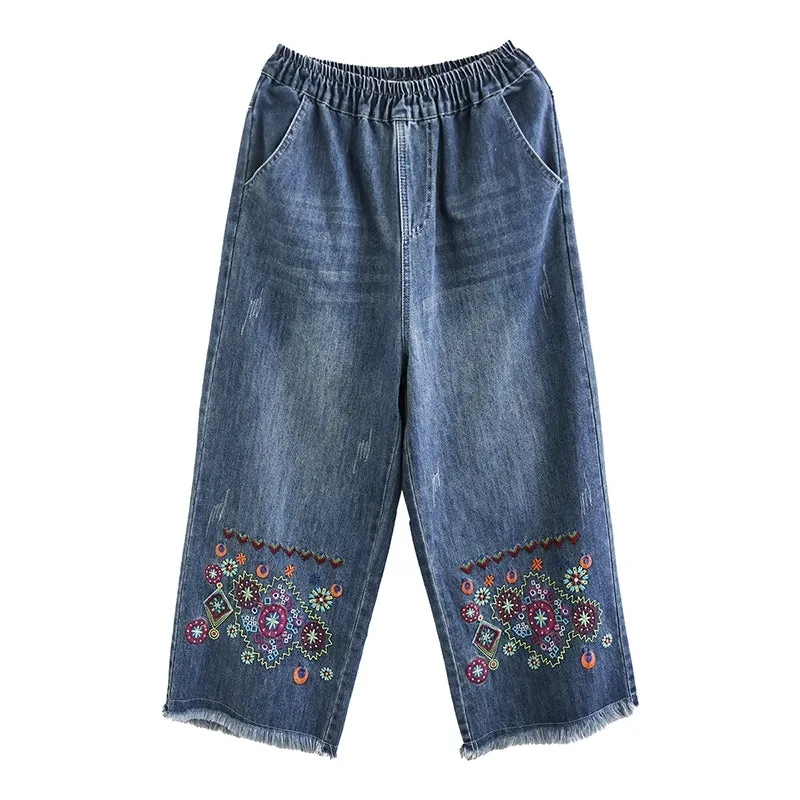 Women Spring Ethnic Denim Embroidery Wide-leg Pants