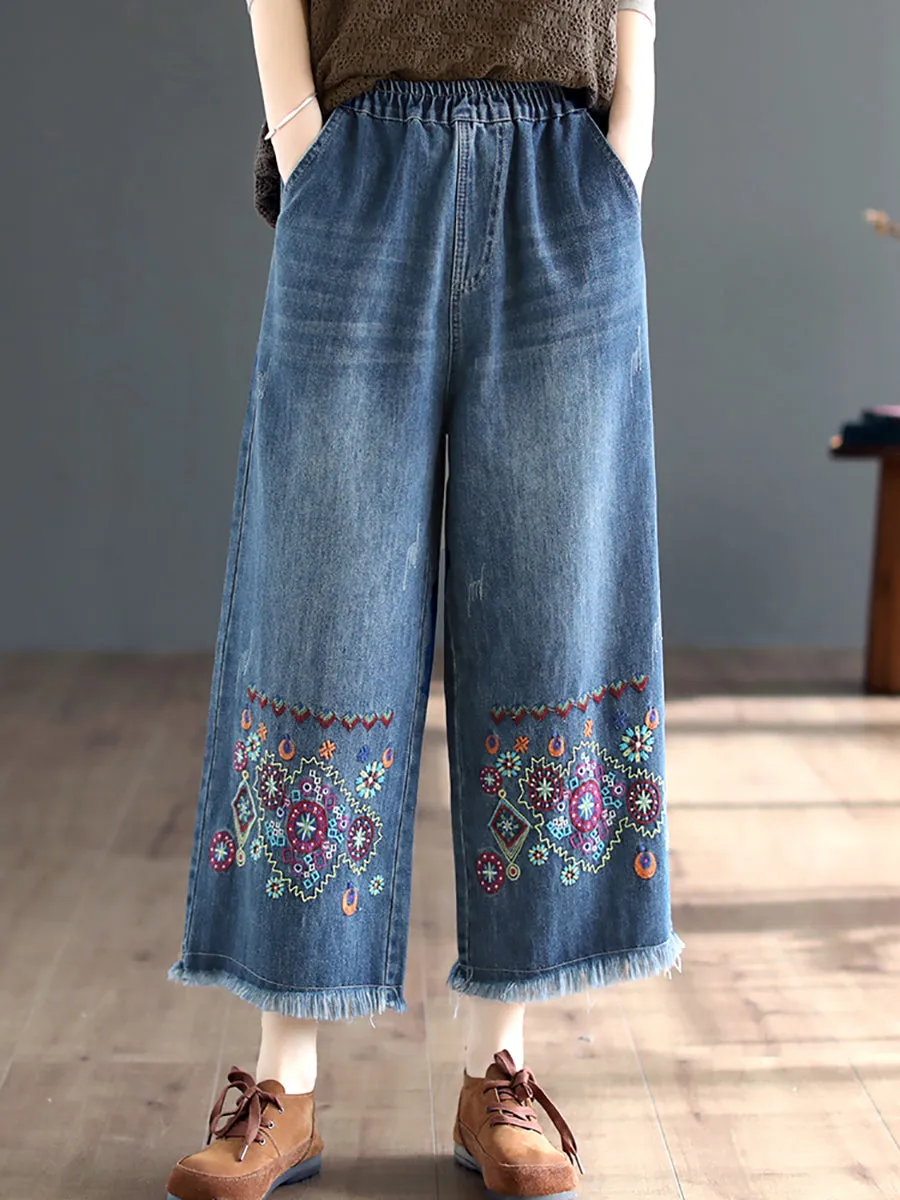 Women Spring Ethnic Denim Embroidery Wide-leg Pants