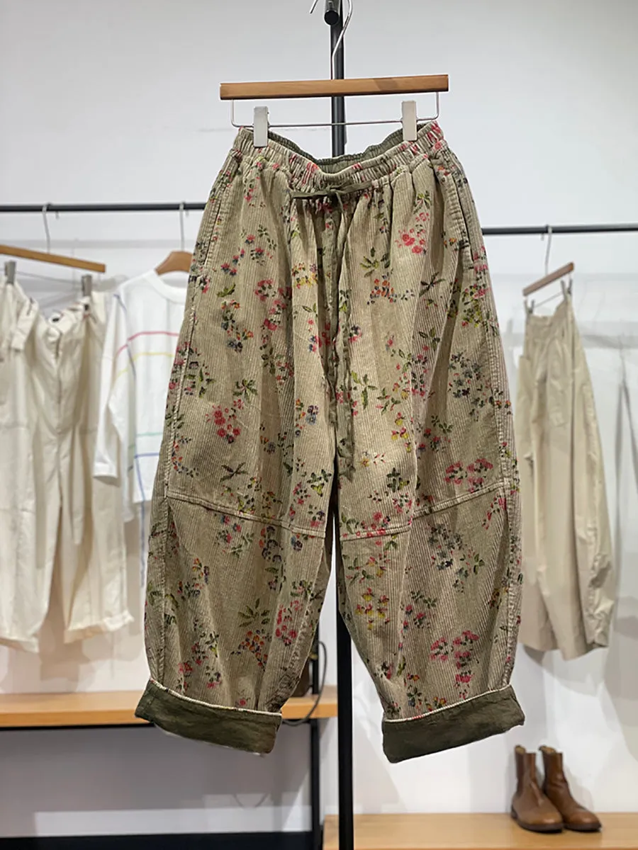 Women Spring Ethnic Flower Croduroy Wide-leg Pants