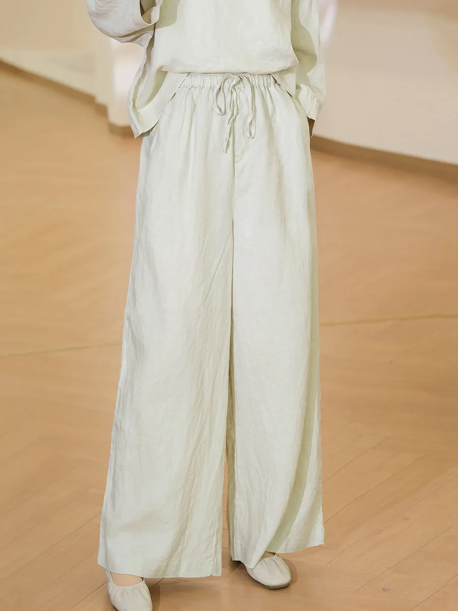 Women Spring Pure Color 100%Linen Wide-leg Pants