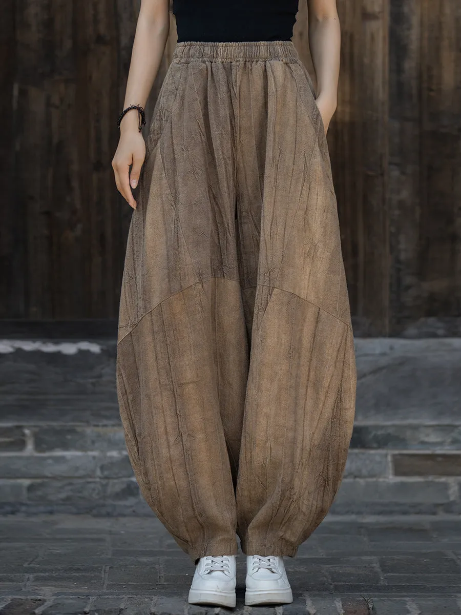 Women Vintage Autumn Solid Loose Ramie Bloomers