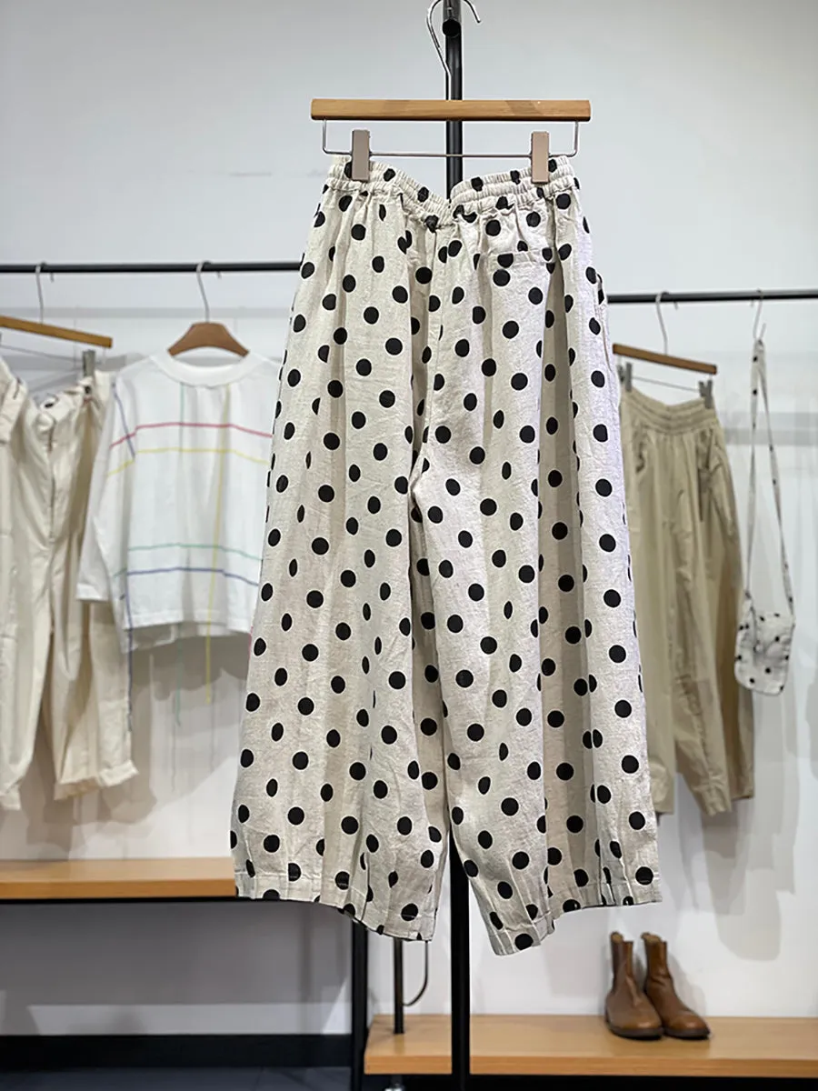 Women Vintage Spring Dot  Wide-leg Linen Pants
