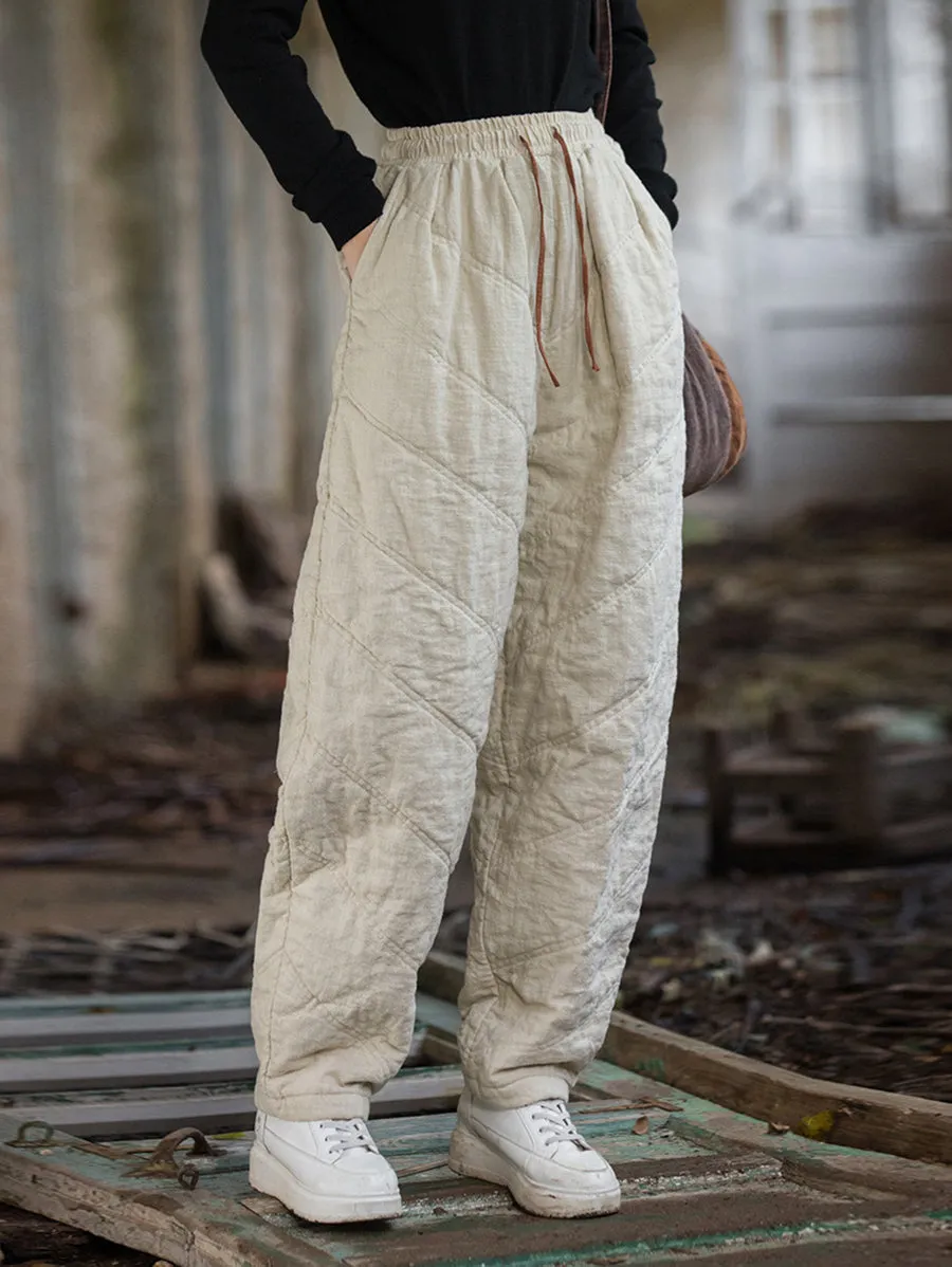 Women Winter Solid Spliced Ramie Padded Harem Pants