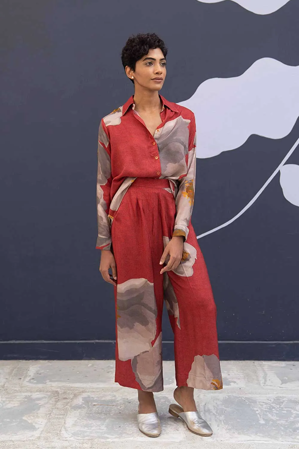 YAM   I   Burgos RED POPPIES CO-ORD 2  (SHIRT & PANTS) SILK RED YAMBILLIE19
