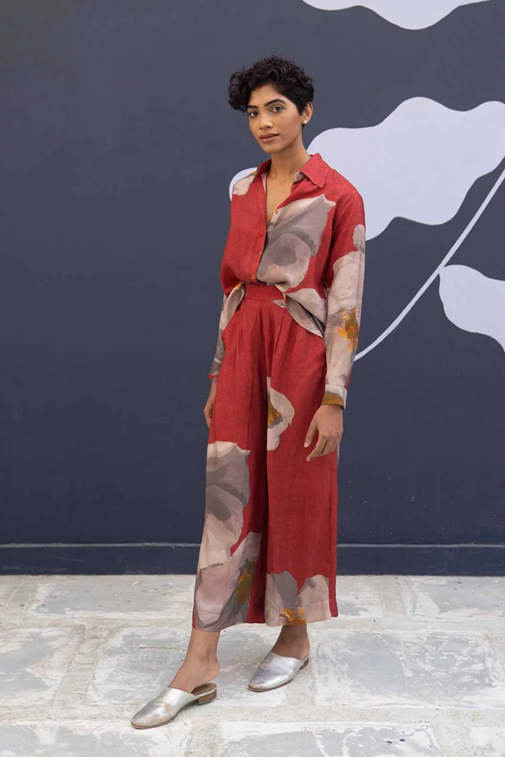 YAM   I   Burgos RED POPPIES CO-ORD 2  (SHIRT & PANTS) SILK RED YAMBILLIE19