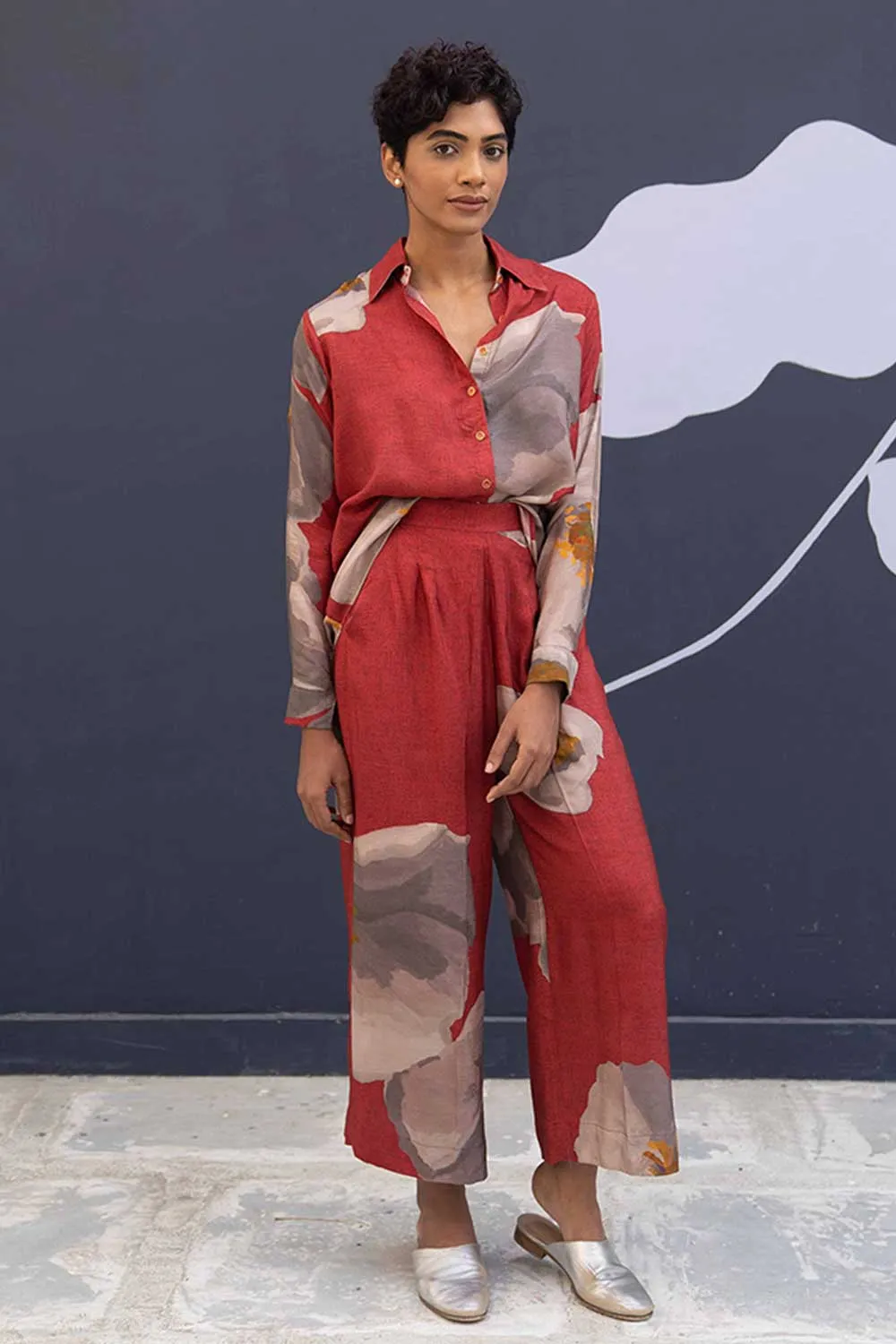 YAM   I   Burgos RED POPPIES CO-ORD 2  (SHIRT & PANTS) SILK RED YAMBILLIE19