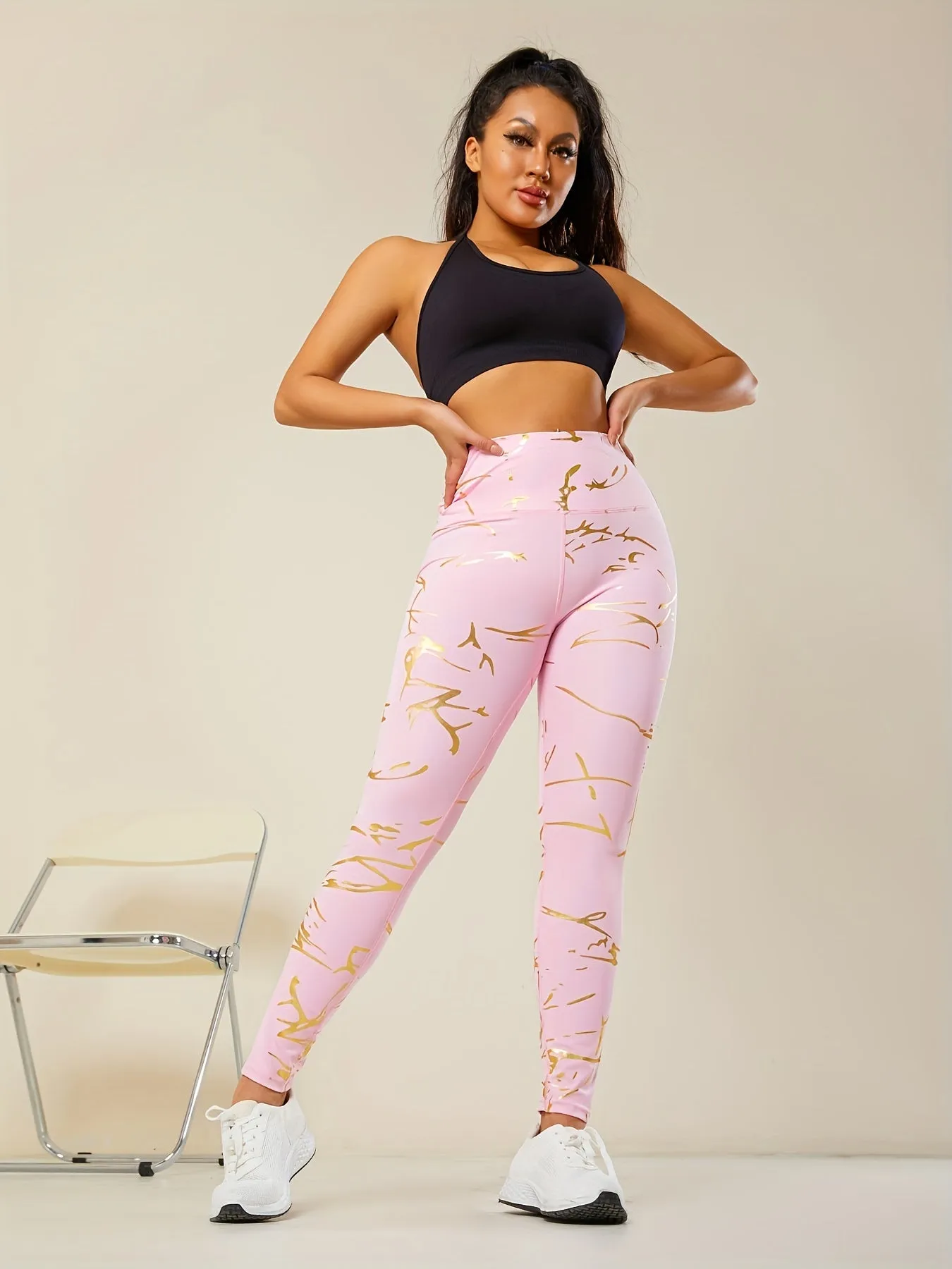 Yoga Leggings With Golden Detailing - Stretchy, High-WaistNon-See-Through Activewear Pants For Running & Fitness
