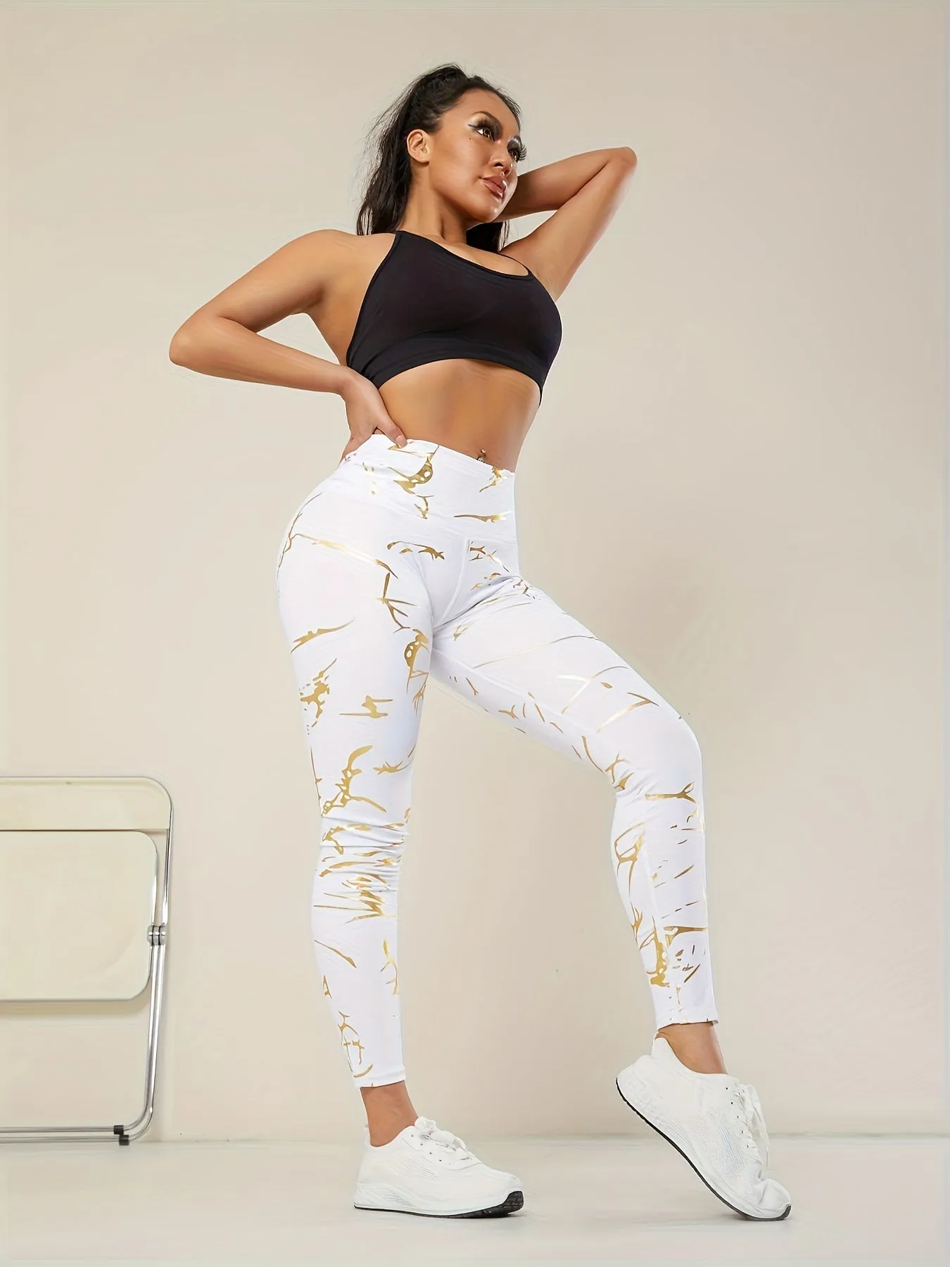 Yoga Leggings With Golden Detailing - Stretchy, High-WaistNon-See-Through Activewear Pants For Running & Fitness